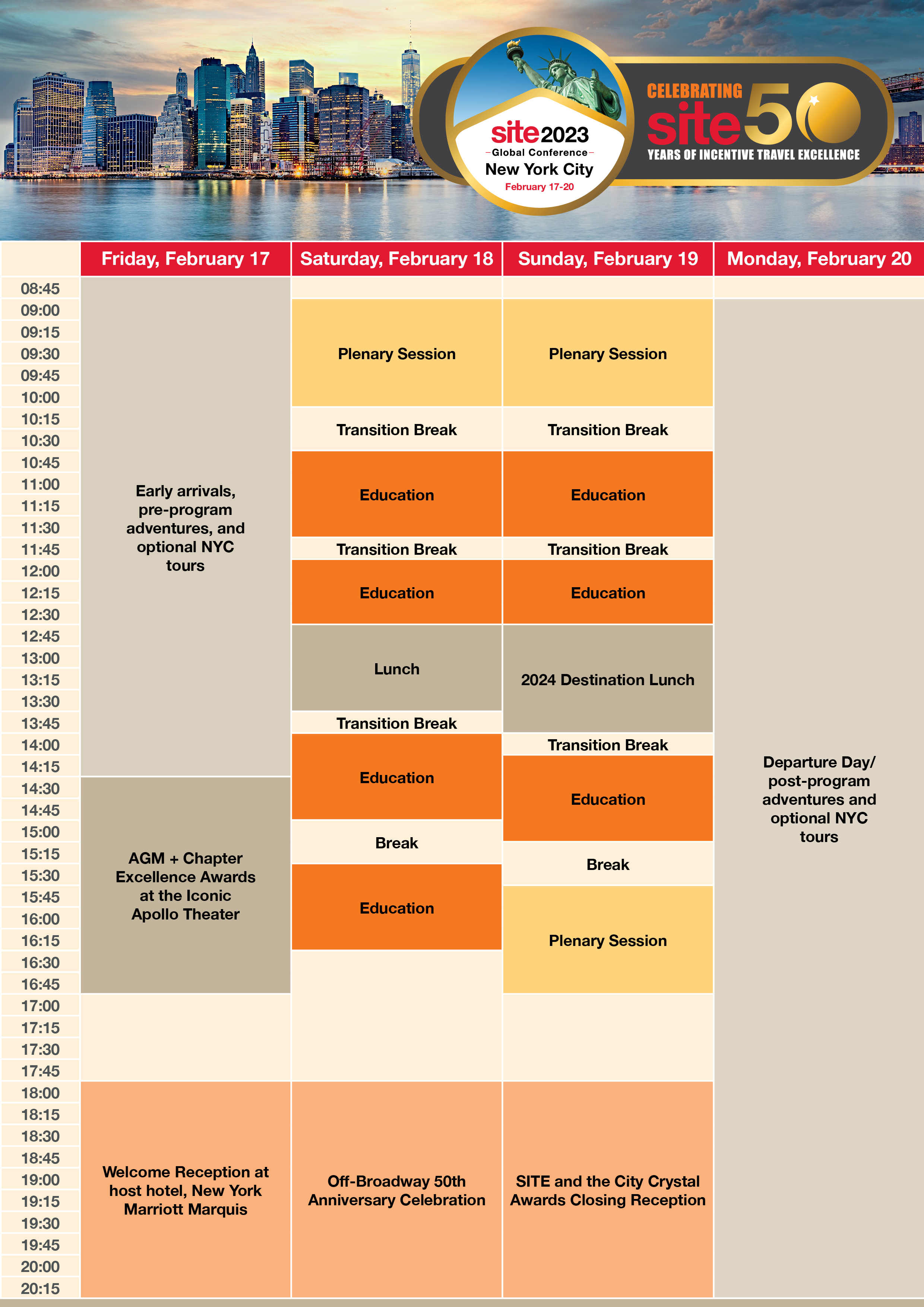 The 2023 SITE Global Conference agenda is listed in block format, with vertical columns for each of the three conference days displayed.